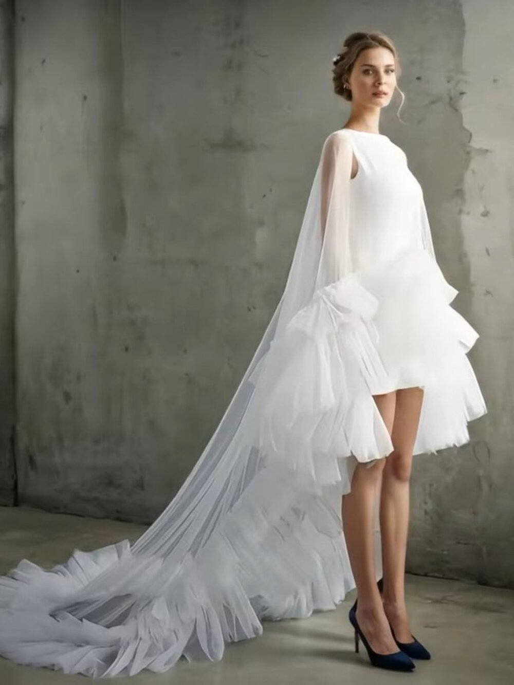 High-Low Ruffled Tulle Bridal Cape Train 71" Back